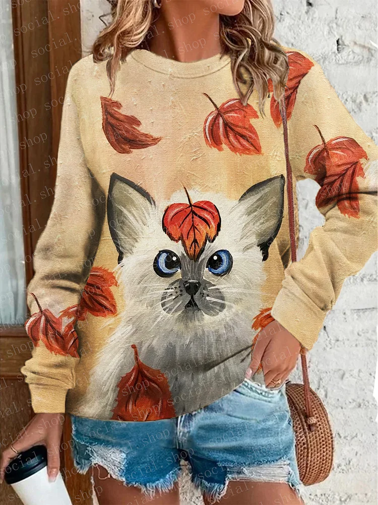 Women's Autumn Siamese Cat Fallen Leaves Oil Painting Casual Round Neck Sweatshirt socialshop