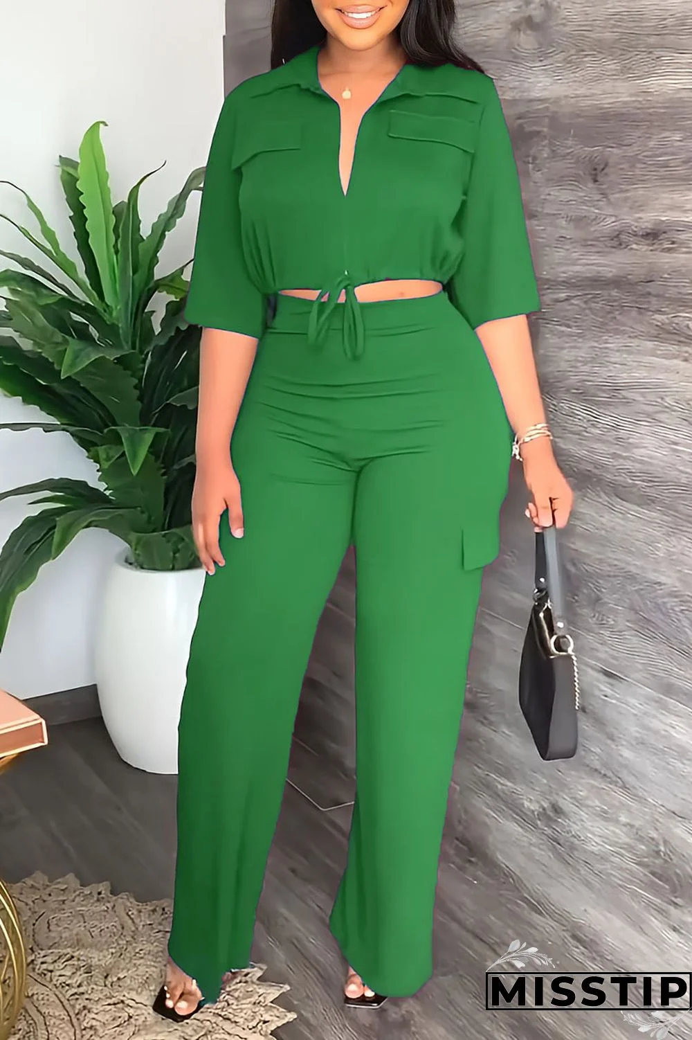 Black Casual Solid Bandage Patchwork Turndown Collar Half Sleeve Two Pieces