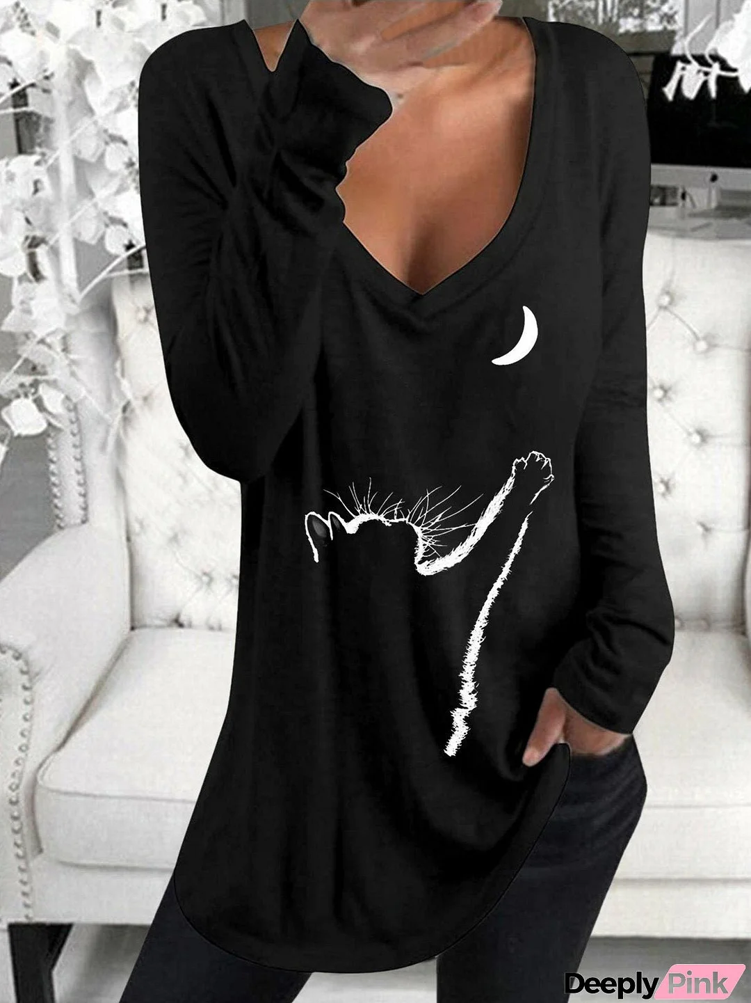 Women's T-Shirts Long Sleeve V-Neck Cat Print Casual T-Shirt