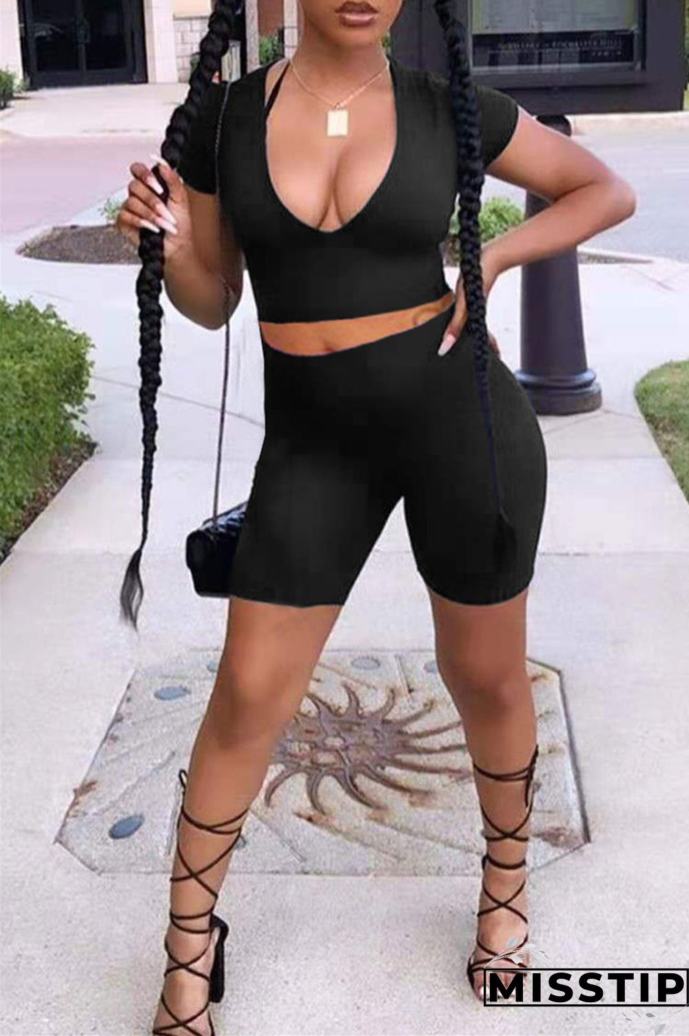 Orange Fashion Casual Solid Basic V Neck Short Sleeve Two Pieces