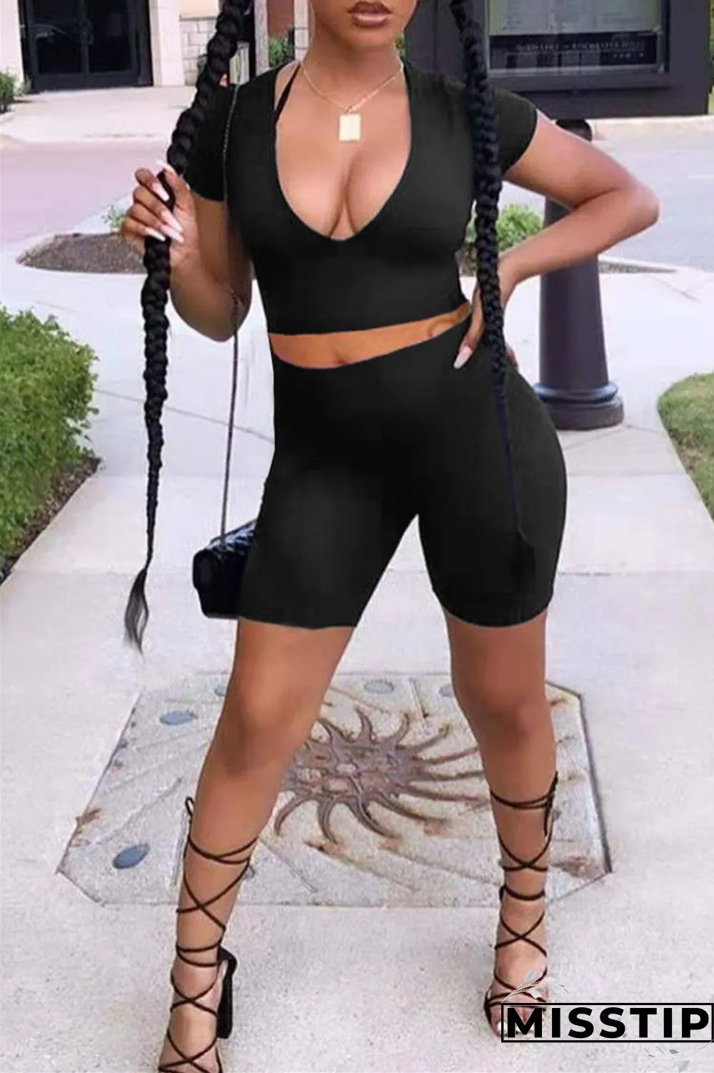 Orange Fashion Casual Solid Basic V Neck Short Sleeve Two Pieces