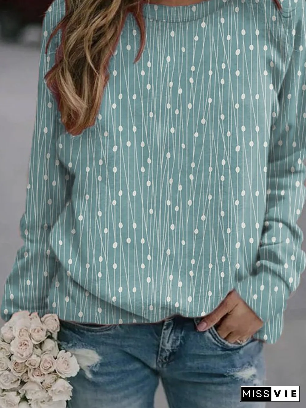 Women Polka Dots Casual Autumn Lightweight Micro-Elasticity Jersey Best Sell Crew Neck Regular Sweatshirts