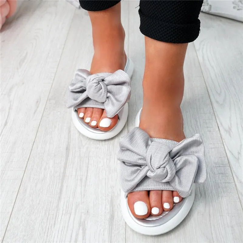 Women Sandals Slip On Sliders Peep Toe Ladies Bow Flats Casual Comfort Shoes Female 2019 Sandals Shoes Plus Size