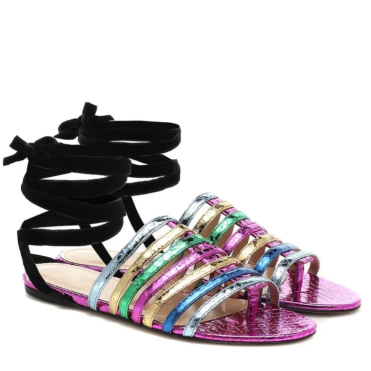 Custom Made Multicolor Snakeskin Strappy Flat Sandals |FSJ Shoes