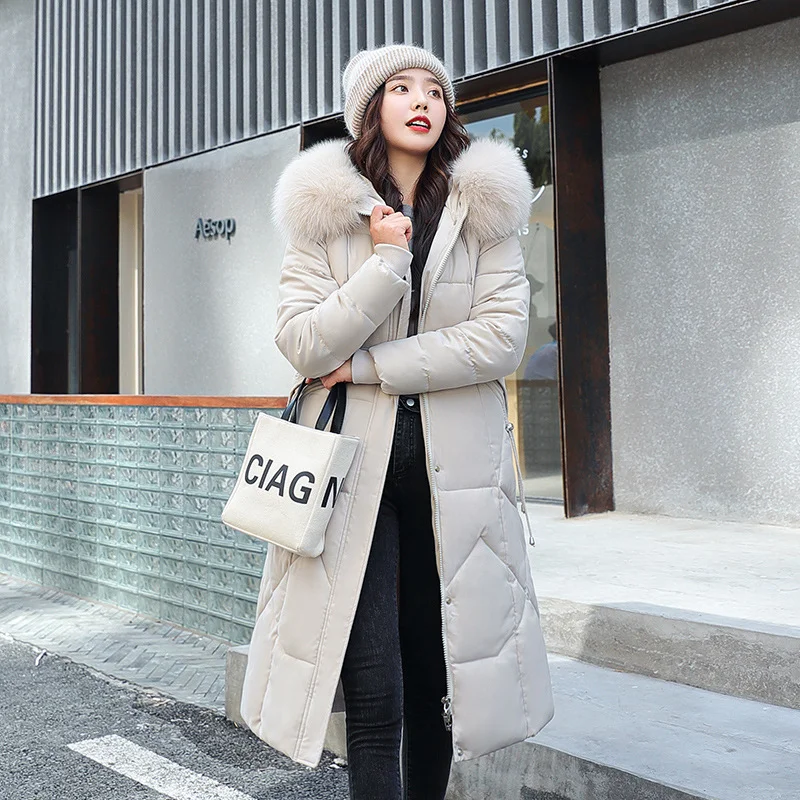 Toloer Winter New Fashion Large Size Cotton Clothes Female Long Korean Version Of The Waist Over The Knee And Thick Big Wool Collar Cotton-Padded Jacket Coat-Outfit Ideas