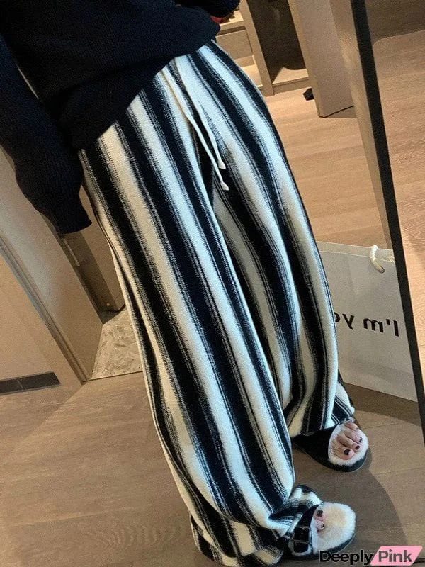 Casual Wide Leg Loose Drawstring Striped Pants