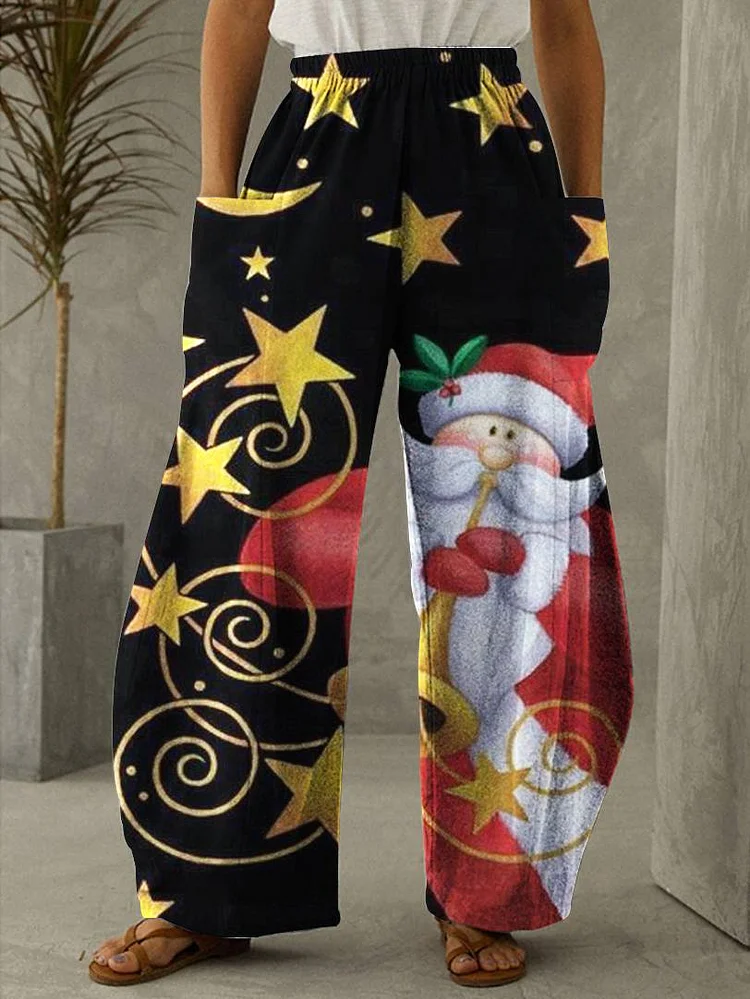 Christmas Santa Claus Gold Star Print Casual Loose Pants