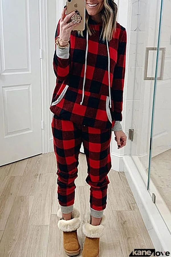 Plaid Pocket Drawstring Hooded Set