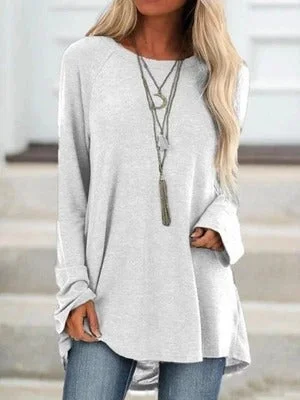 Women's Pure Color Casual Round Neck Loose Long Sleeve T-Shirt