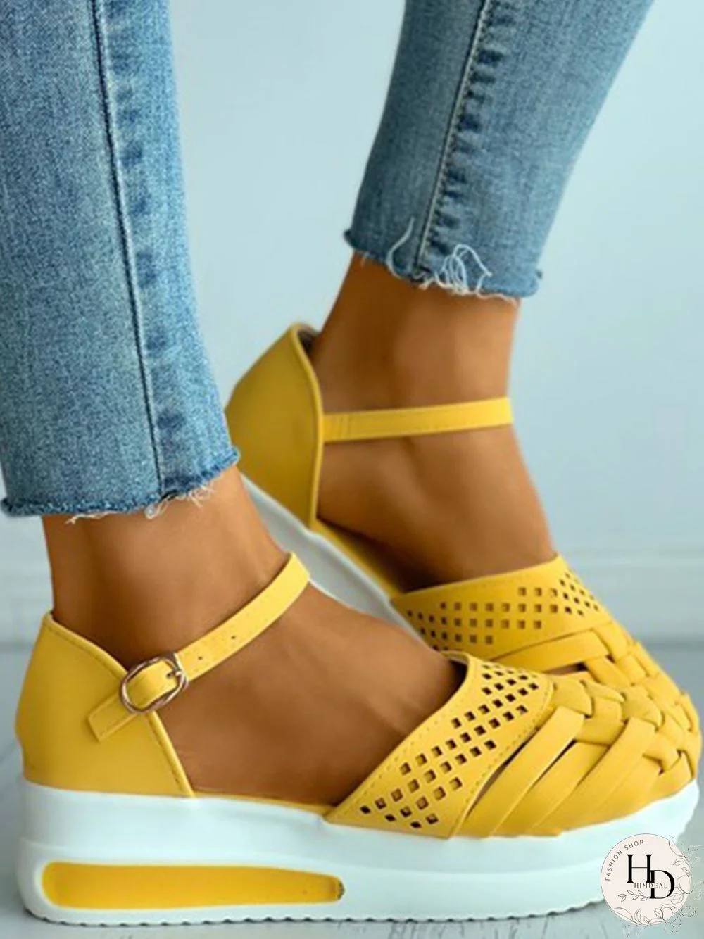 Braided Breathable Cutout Toe Platform Buckle Sandals