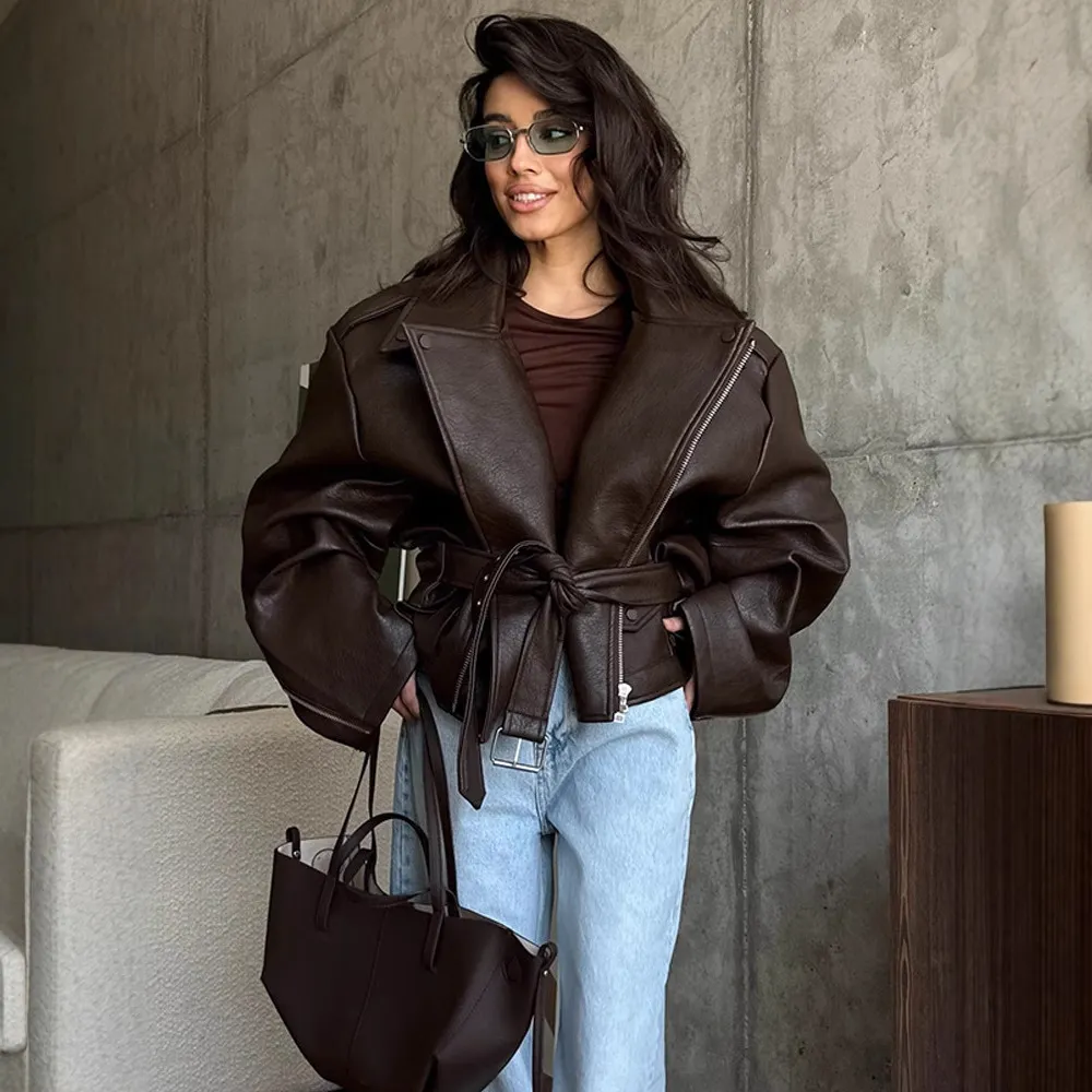 Women's Oversized Wide Shoulder Belted Moto Leather Jacket