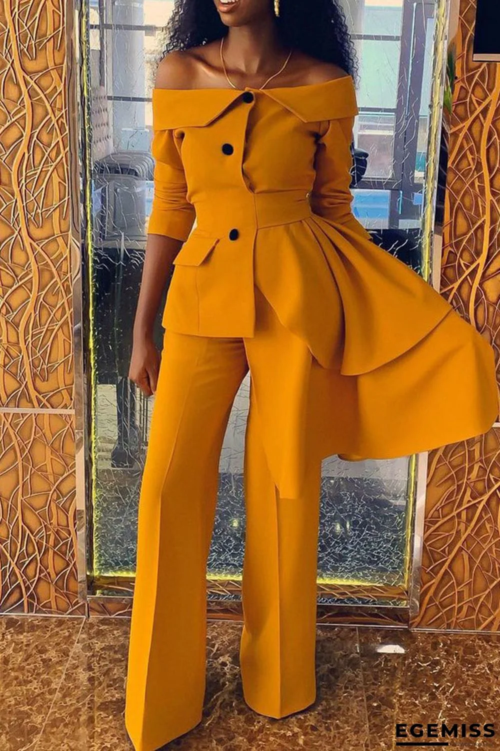 Tangerine Elegant Solid Patchwork Buttons Asymmetrical Off the Shoulder Long Sleeve Two Pieces | EGEMISS