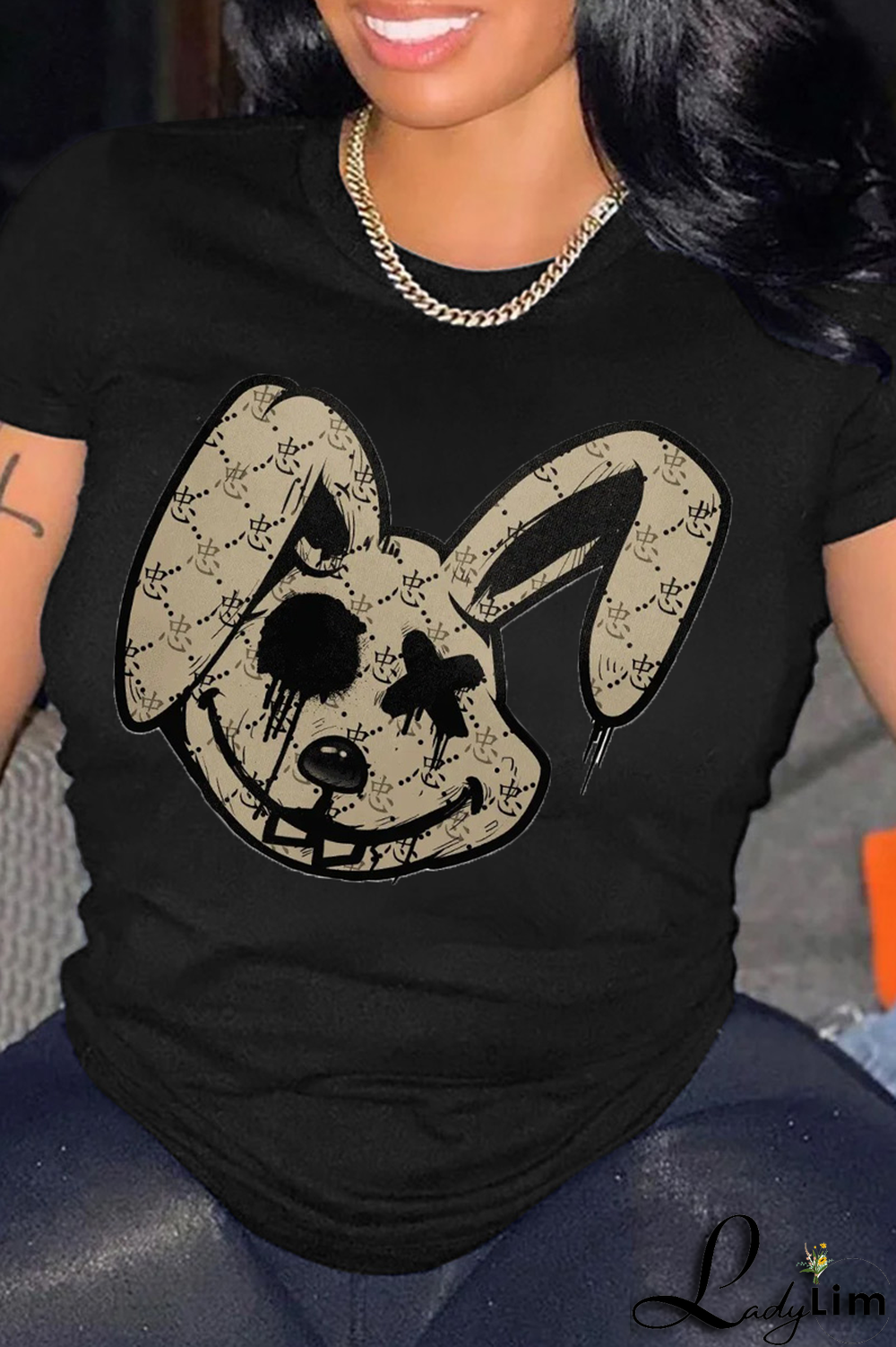 Black Casual Street Print Patchwork O Neck T-Shirts