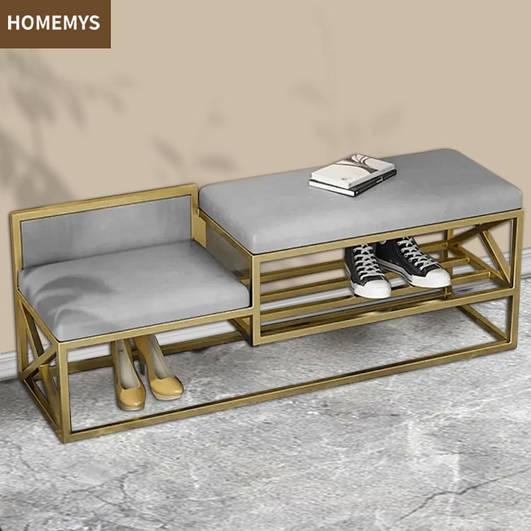 Homemys Grey Modern Entryway Upholstered Bench with Golden Legs