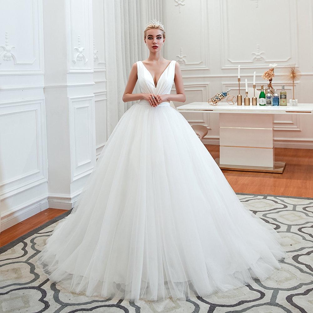 Stylish Wide Straps Tulle Deep V-neck Floor-length Wedding Dress With A-Line | Ballbellas Ballbellas
