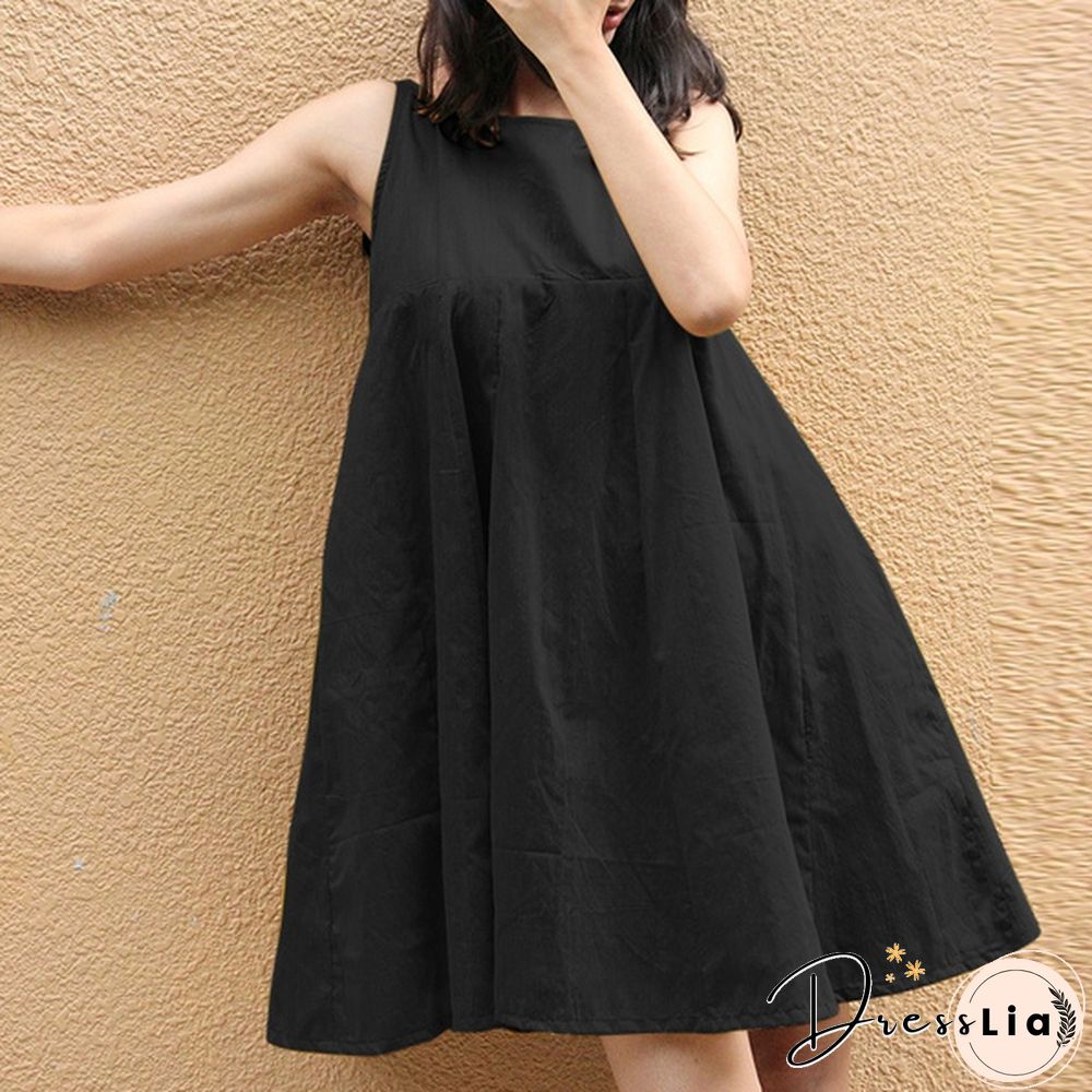 Women Sleeveless Mini Dress Summer Cotton Party Casual Loose Pleated Dress Plus Size Clothes