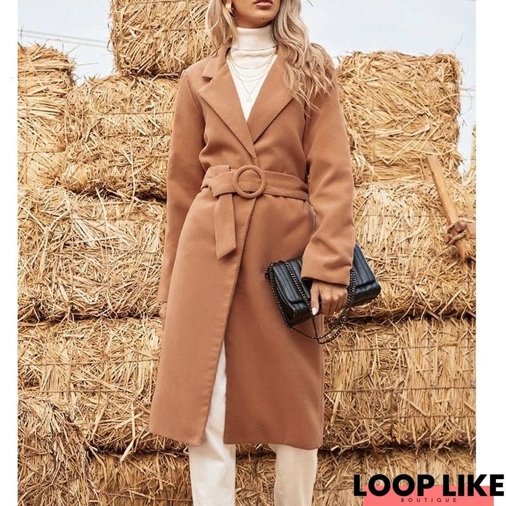 Winter Wool Coat Women's Long Over The Knee Lapel Belt Coat Women