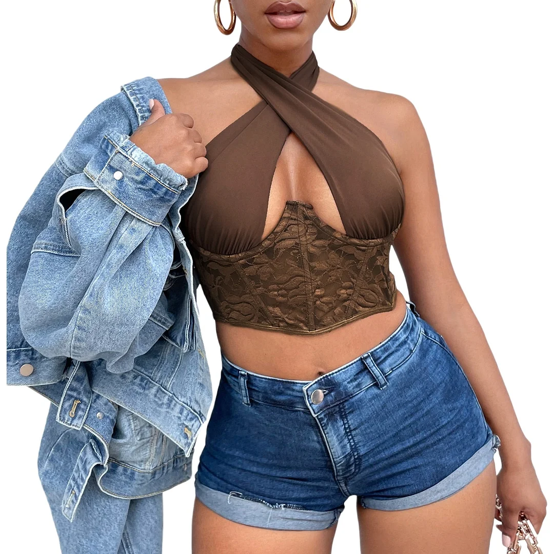 wsevypo Sexy Lace Spliced Cross Halter Bustiers Crop Tops Women Cut Out Plunge V Tank Tops Party Club Summer Backless Vest