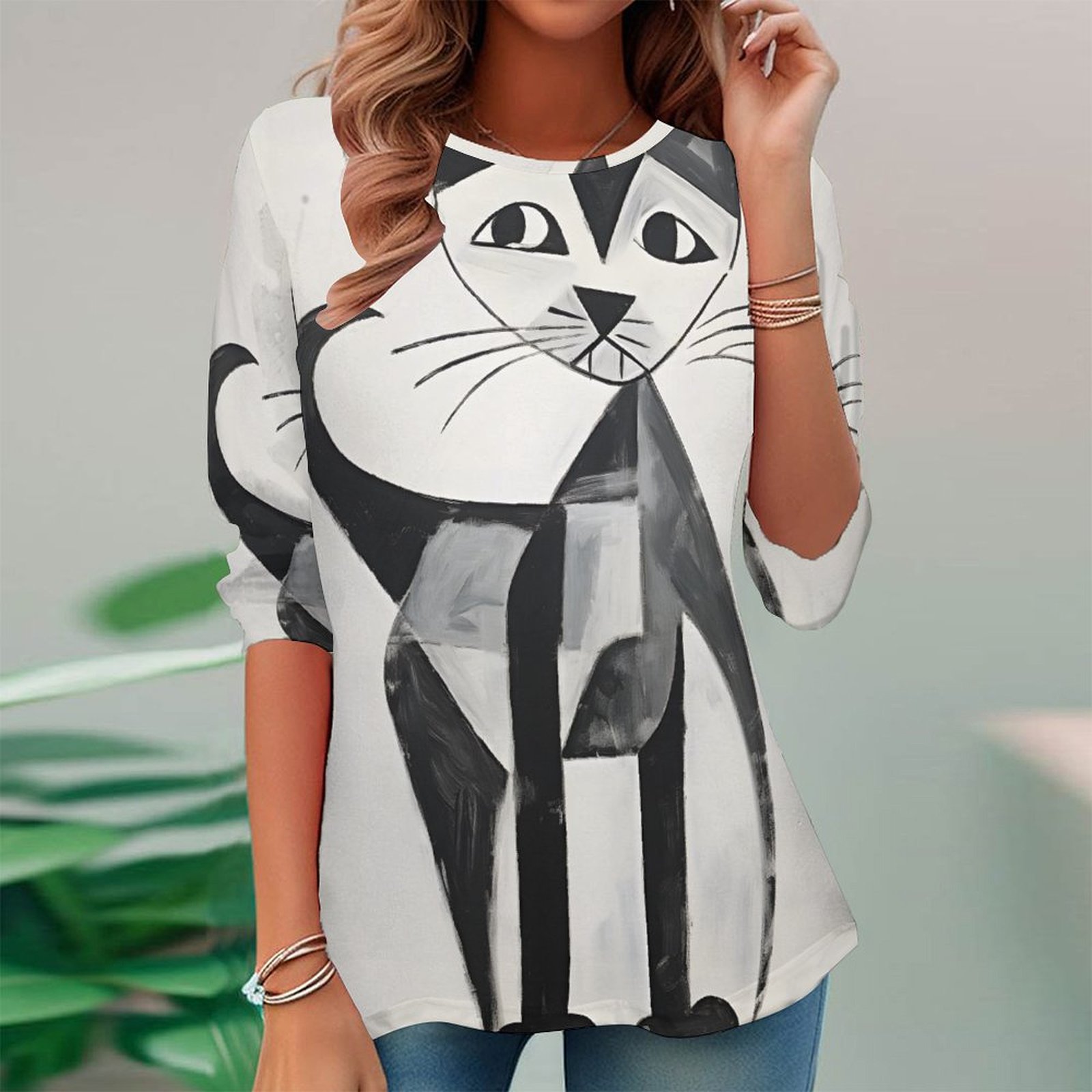 Women Long Sleeve V-neck Graphic Floral Printed Top