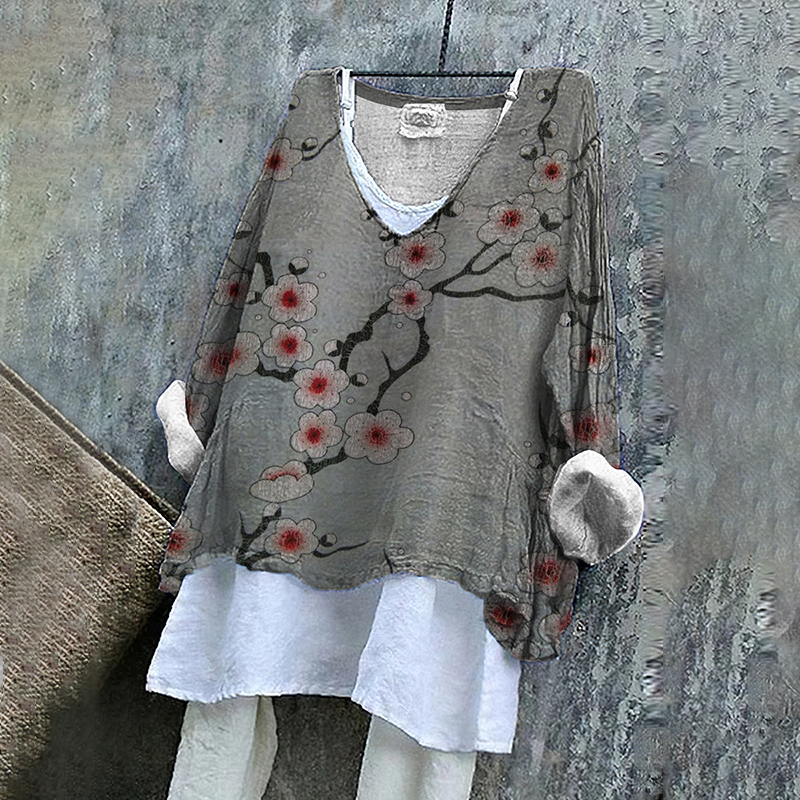 Comstylish Women's Japanese Art Plum Blossom Loose Casual Shirt