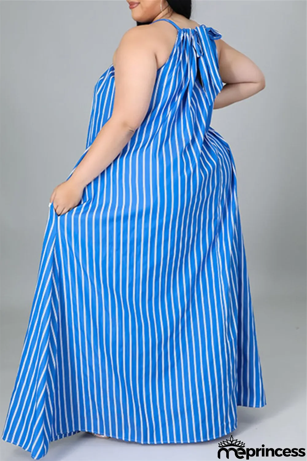 Light Blue Fashion Casual Plus Size Striped Print Backless O Neck Sleeveless Dress