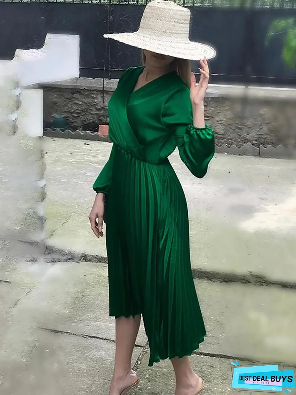 Women's A Line Dress Knee Length Dress Green Long Sleeve Solid Color Ruched Summer V Neck Hot Sexy