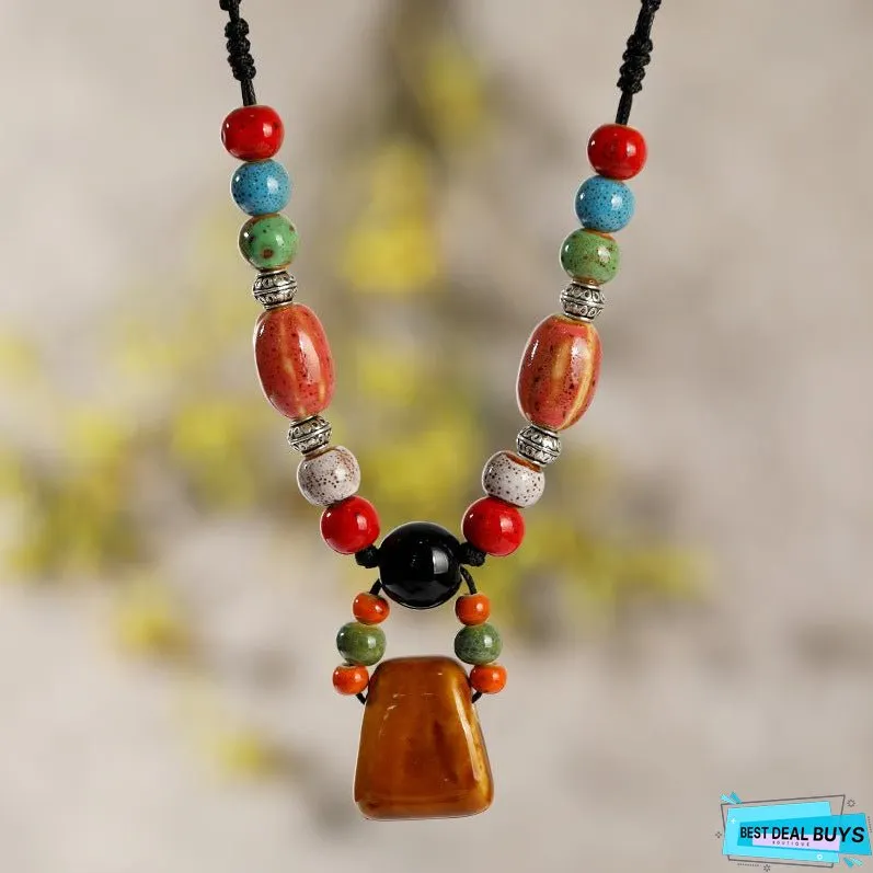 Retro Ethnic Style Ceramic Necklace for Womens Simple Collar Chain Versatile Red Pendant