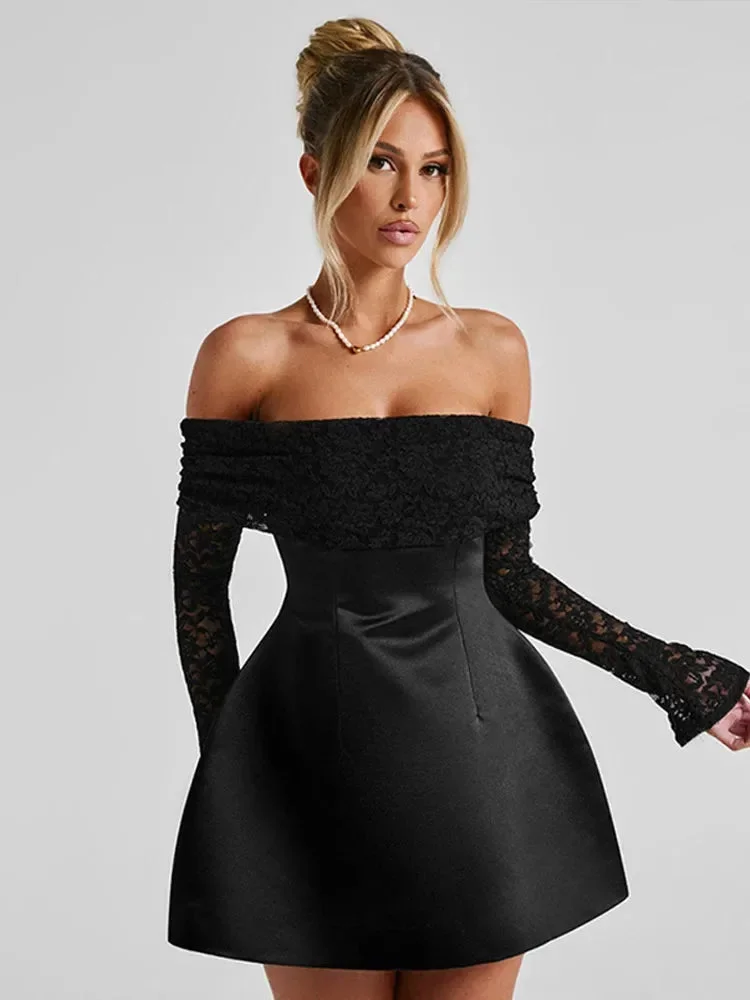 Toloer Lace Off-shoulder Patchwork Solid Mini Dress-Outfit Ideas