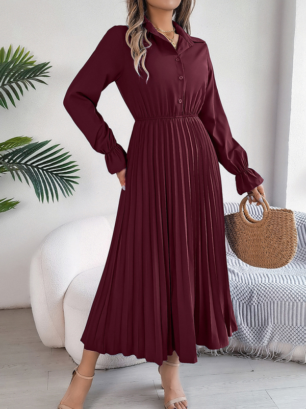 Mature Women Summer Fashion Casual Lapel Button Long Sleeve Waisted Pleated Long Dresses