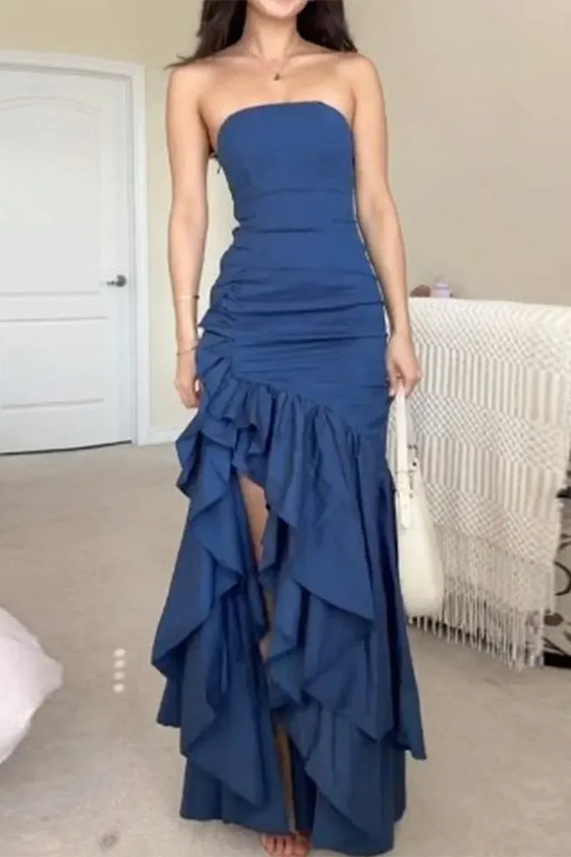 Elegant Solid Flounce Fold Turtleneck Evening Dress