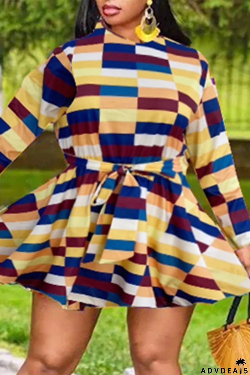 Yellow Fashion Casual Plus Size Print Basic O Neck Long Sleeve Dresses