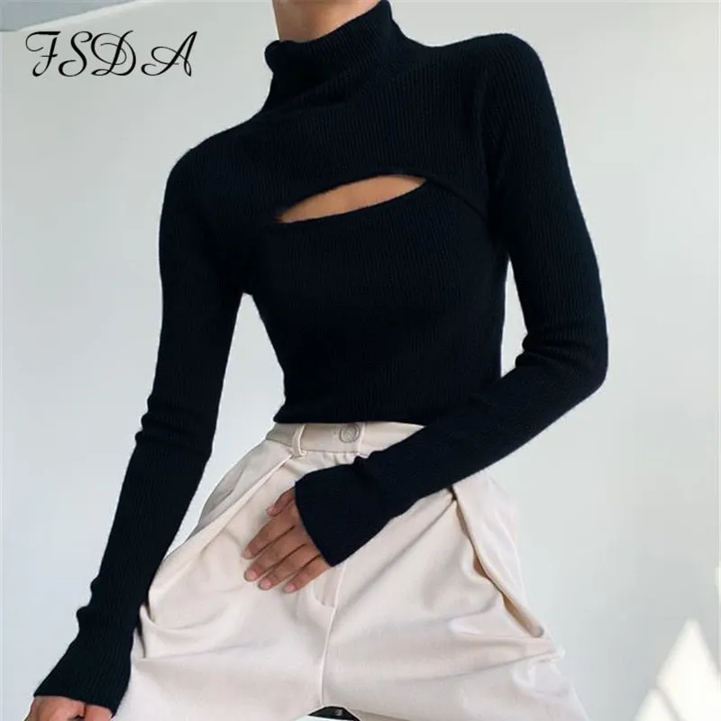 FSDA Long Sleeve 2020 Turtleneck Hollow Out T Shirt Women Black Basic Knitted Top Autumn Winter Casual Sexy Top Shirts Fashion