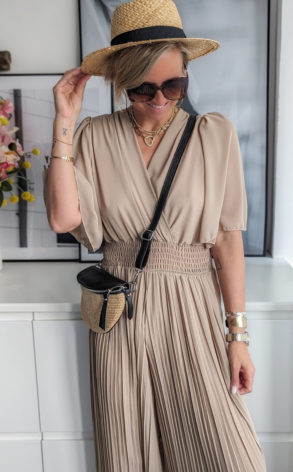 Mature Women Home Fashion Pleated V-neck Leisure Vacation Wide-leg Pants Jumpsuit