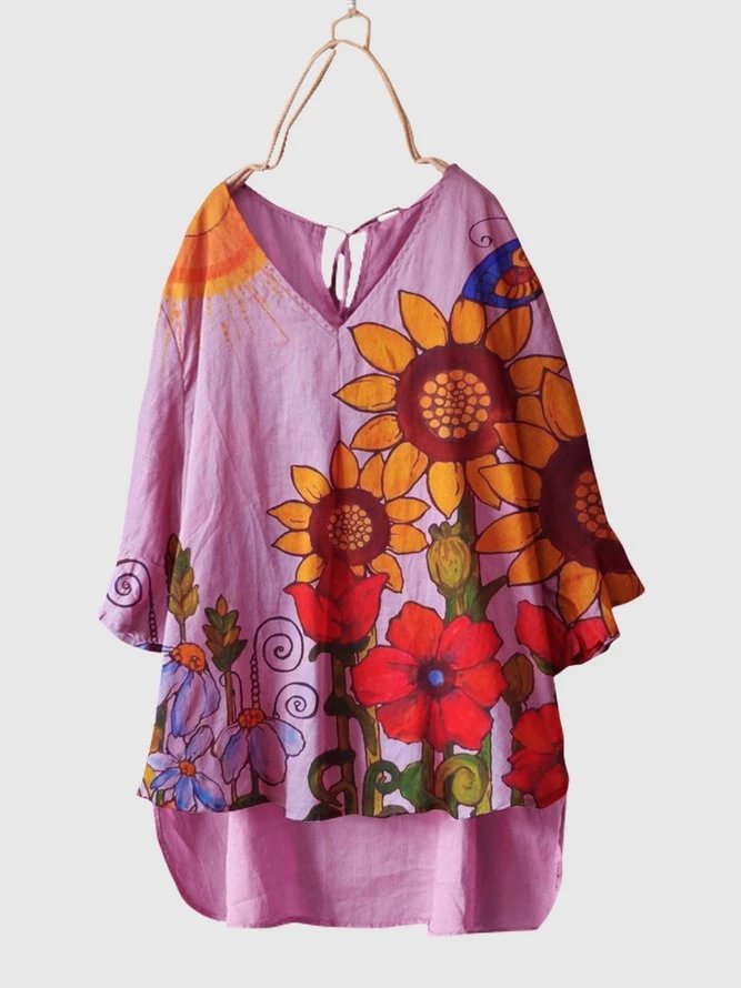 Flower Floral Cotton-Blend Short Sleeve Shirts & Tops
