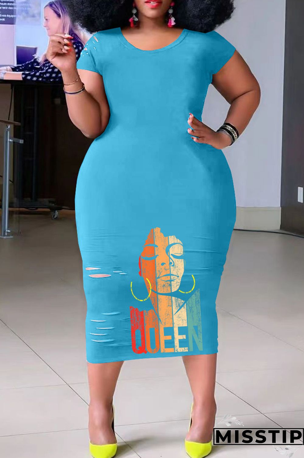 Black Casual Print Ripped O Neck Short Sleeve Dress Plus Size Dresses