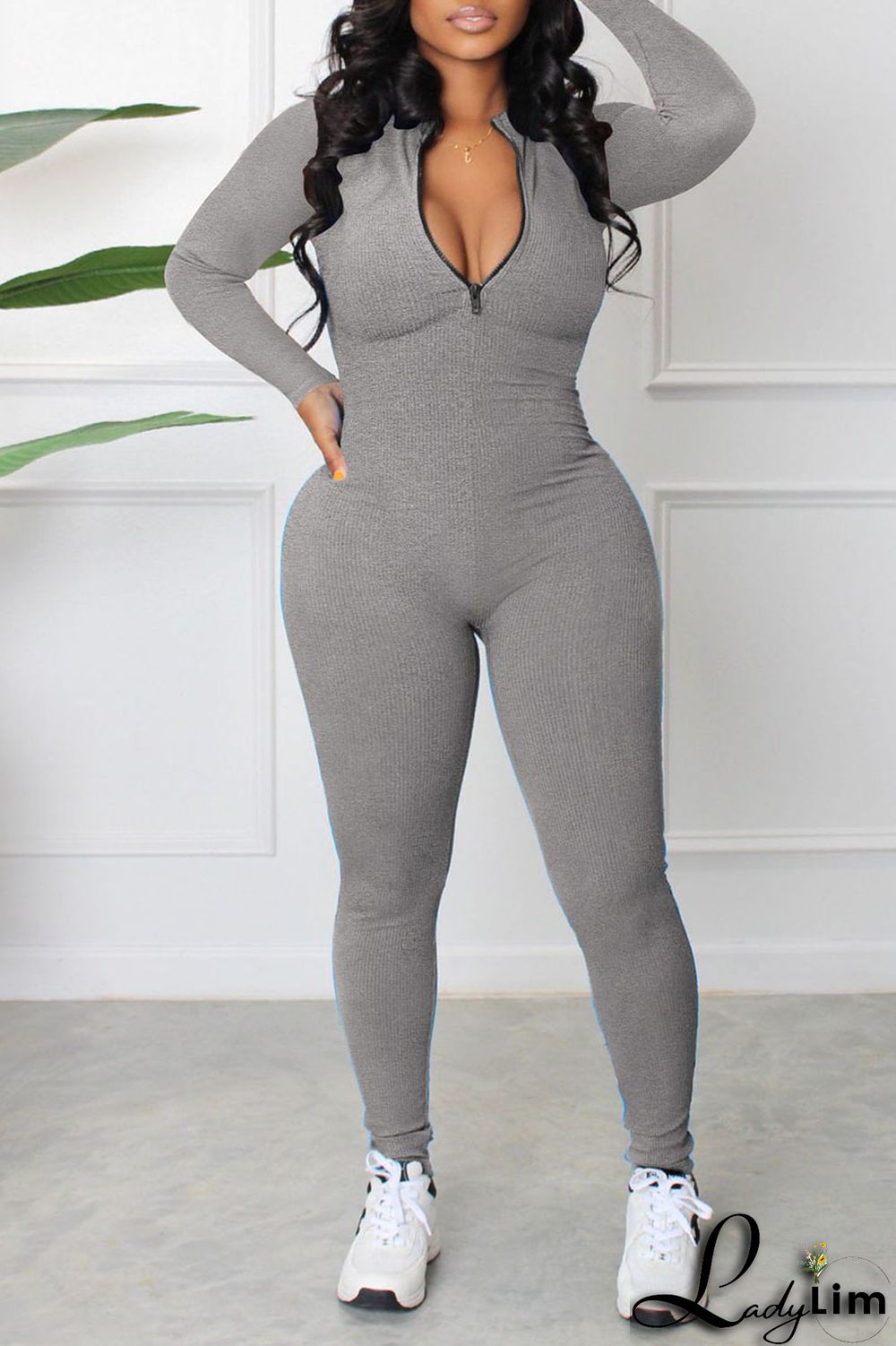 Blue Casual Sportswear Solid Patchwork Zipper Collar Regular Jumpsuits