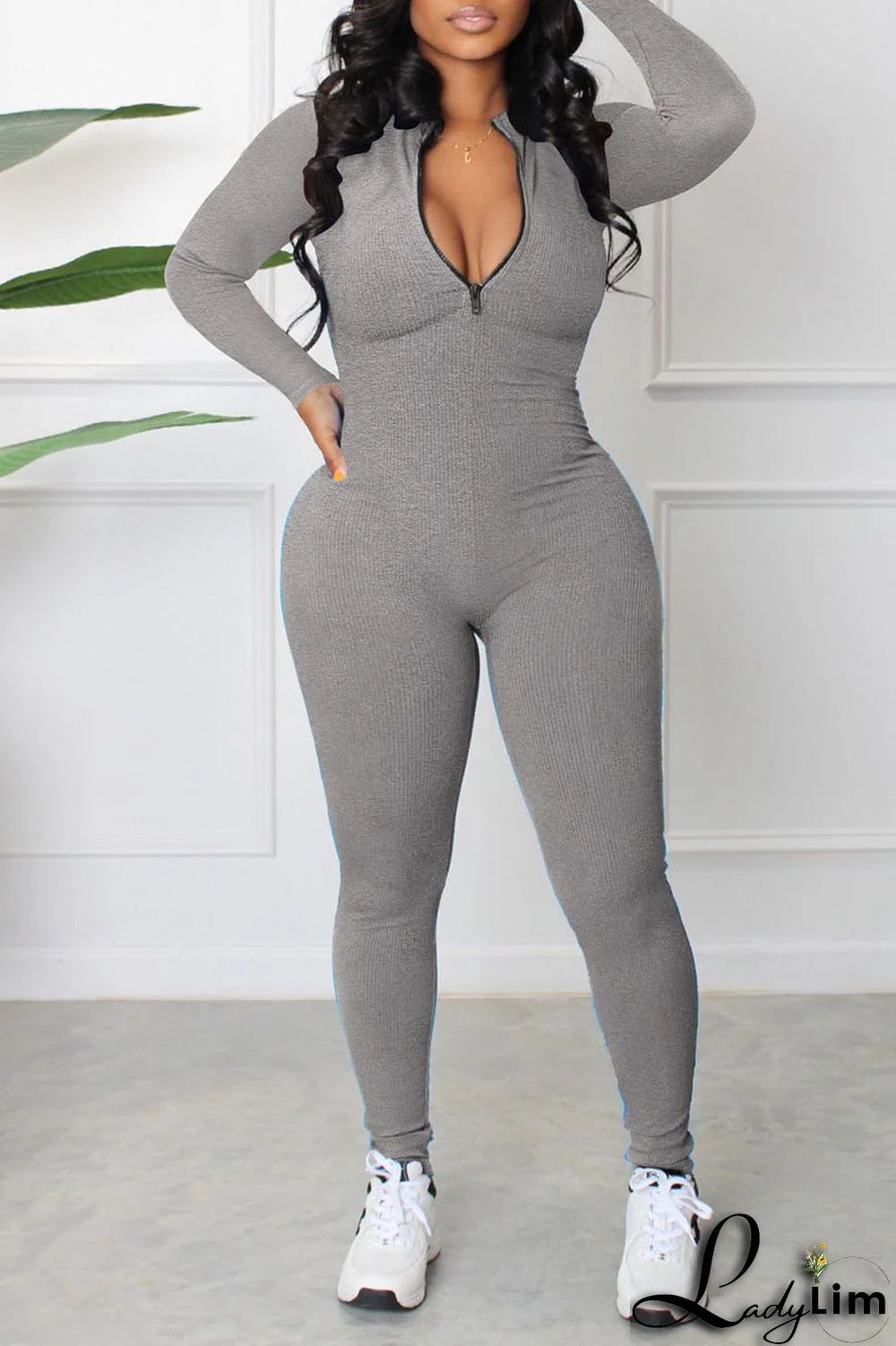 Blue Casual Sportswear Solid Patchwork Zipper Collar Regular Jumpsuits