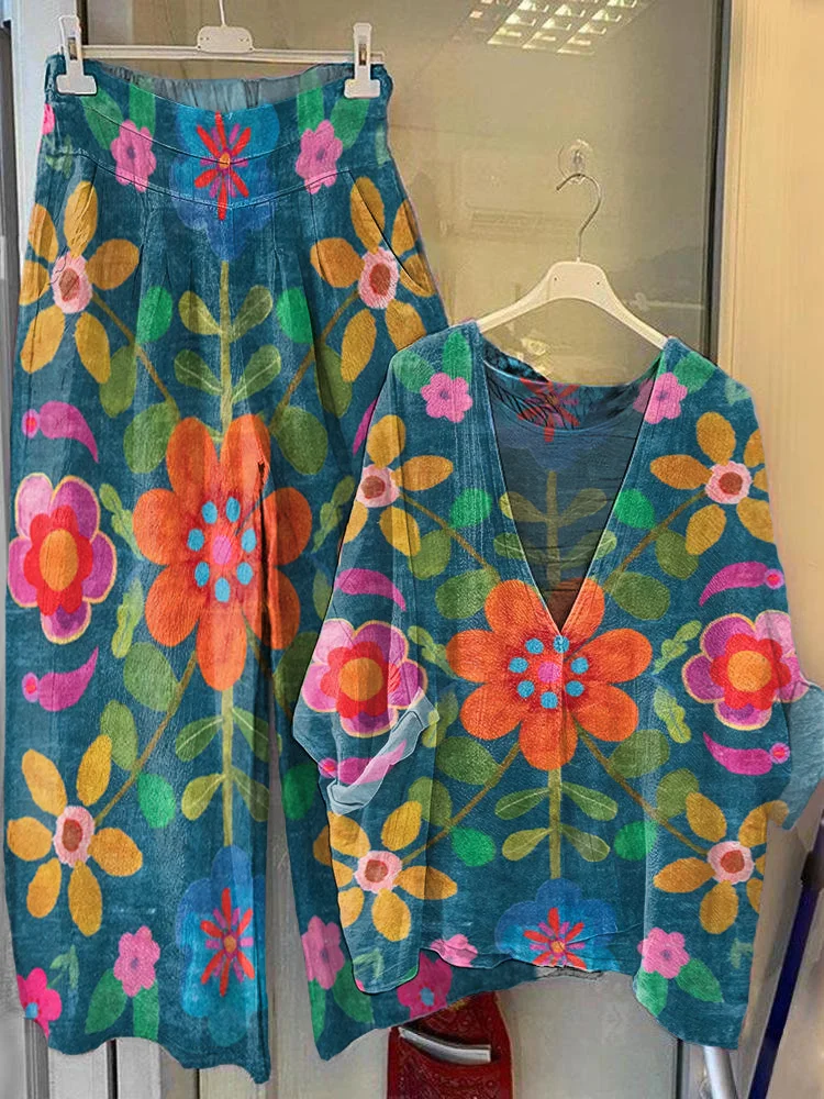 Women's Bohemian Floral Art Print V-Neck Top Wide-Leg Pants Cotton Linen Suit