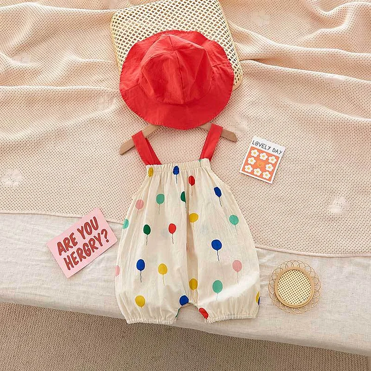 Baby Toddler Girl Summer Balloon Print Sleeveless Romper with Hat