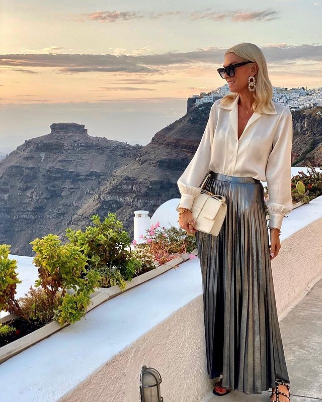 Mature Women Satin Long Sleeve Shirt & Glossy Skirt Suit
