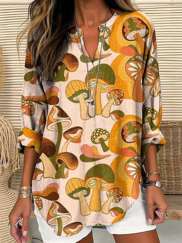 Women's Vintage Mushroom Art Print Casual Linen V-neck Shirt