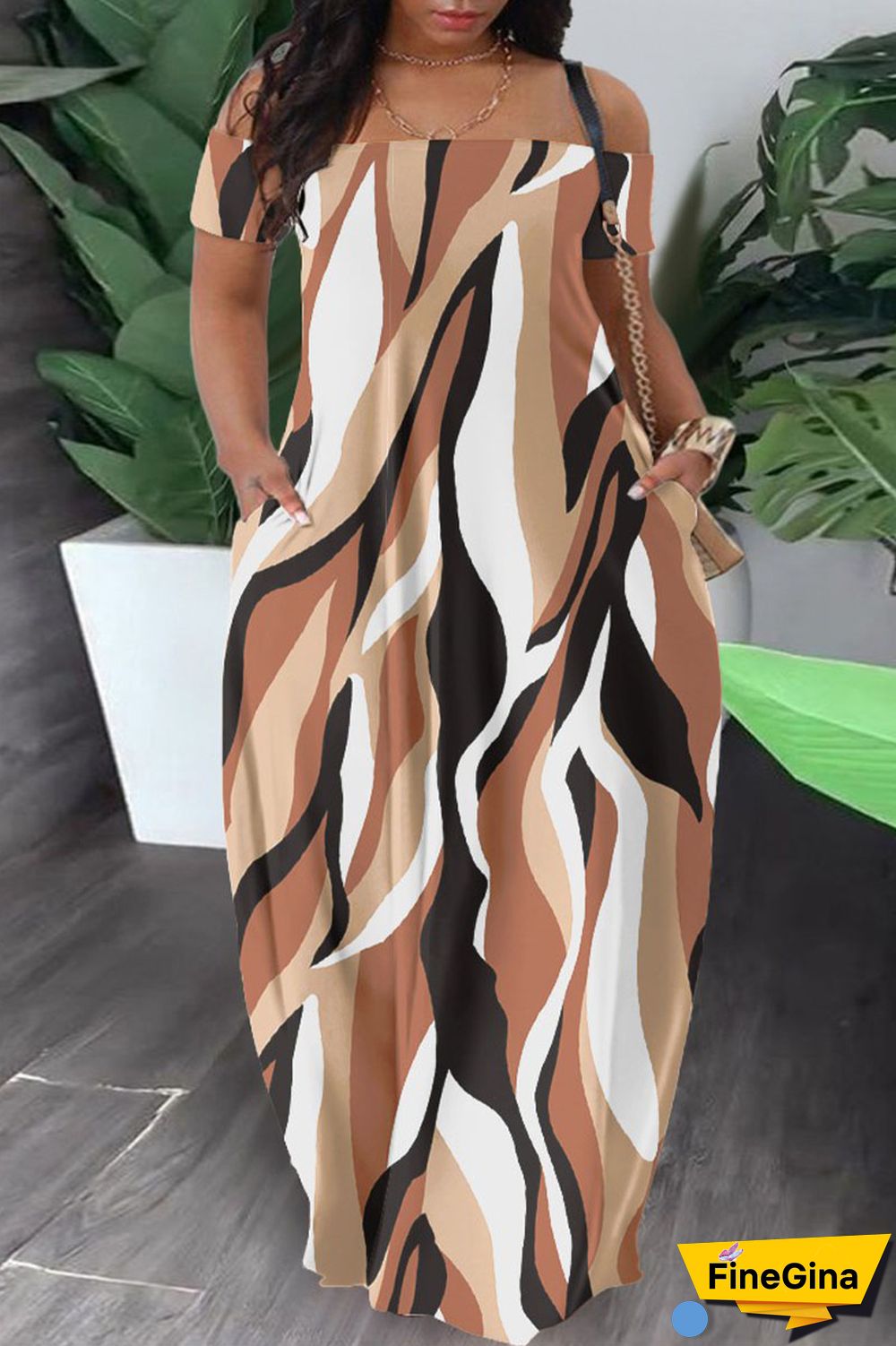 Army Green Casual Print Patchwork Pocket Off the Shoulder Lantern Dress Dresses