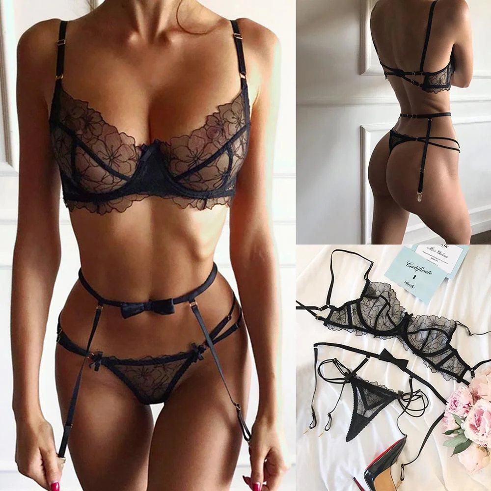 New Lace Sexy Lingerie Transparent Hot Porno Lace Erotic Underwear Sexy Bra Set And Garter Lingerie Sexy Hot Erotic Sleepwear