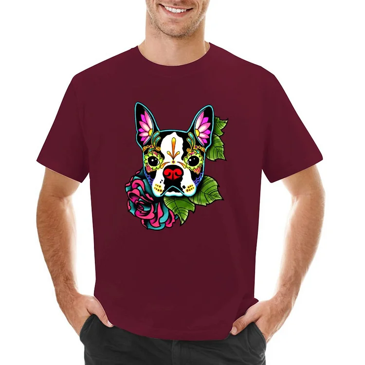 Huhmall Boston Terrier in Black - Day of the Dead Sugar Skull Dog T-Shirt for a boy kawaii clothes sublime t shirts for men pack