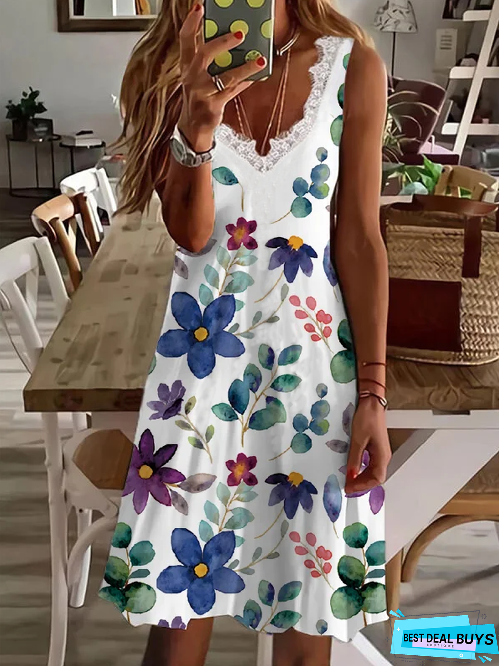 Floral Casual V neck Sleeveless Knit Dress