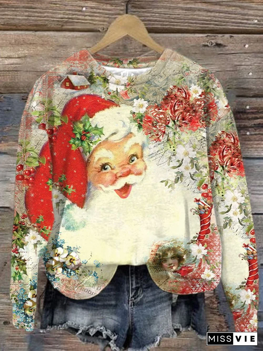 Women's Snowing Santa Claus Print Crew Neck Sweatshirt