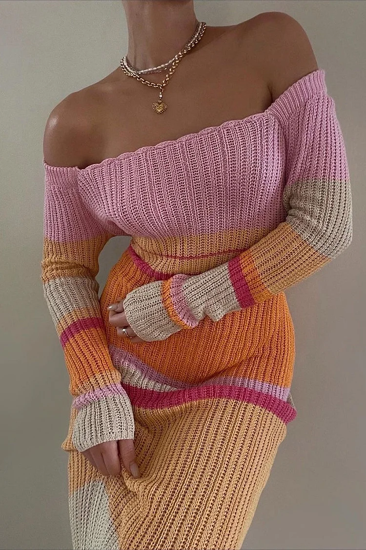 Sexy Casual Color Block Contrast Spaghetti Strap Long Sleeve Dresses