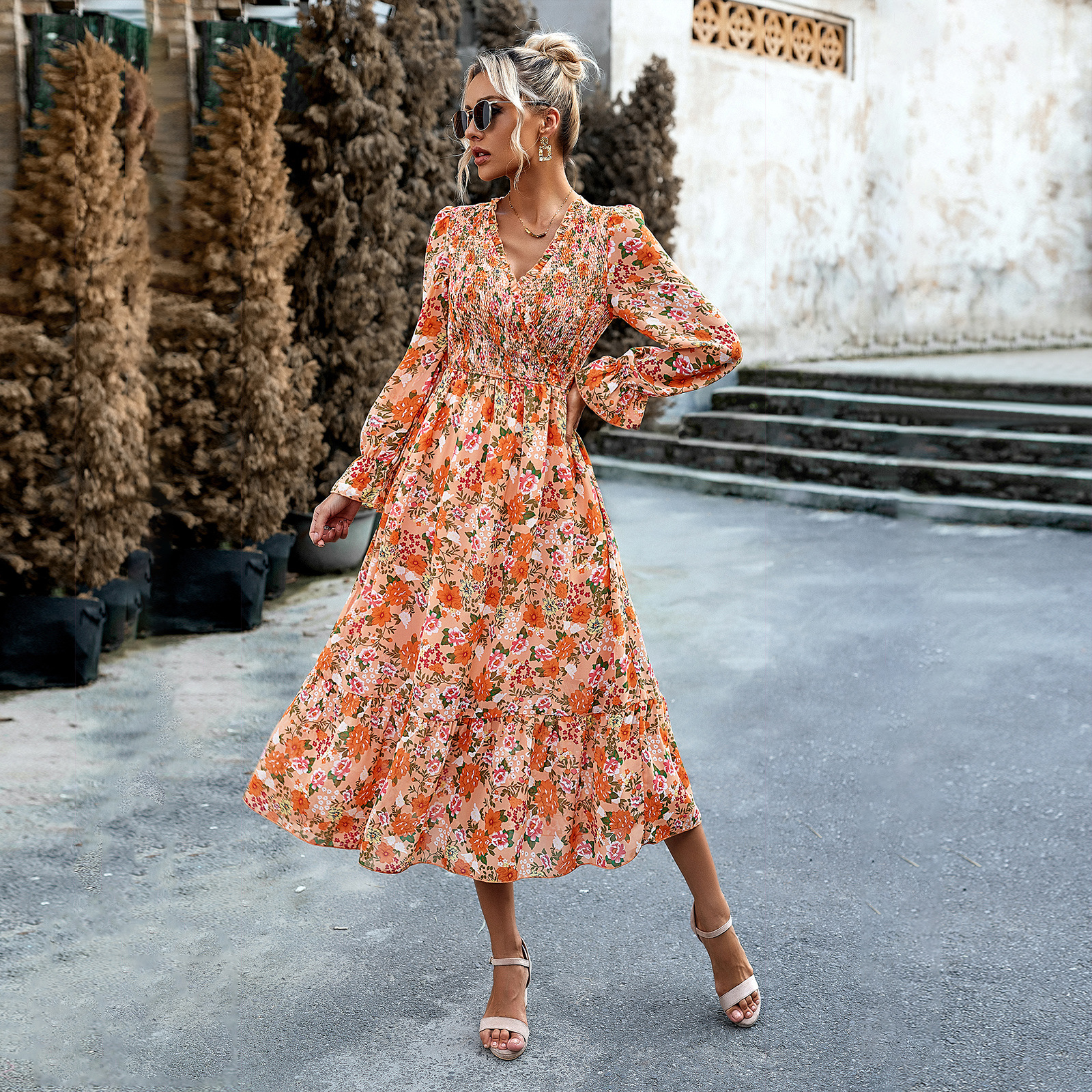 Mature Women's Fashion Elegant V-neck Print Dress