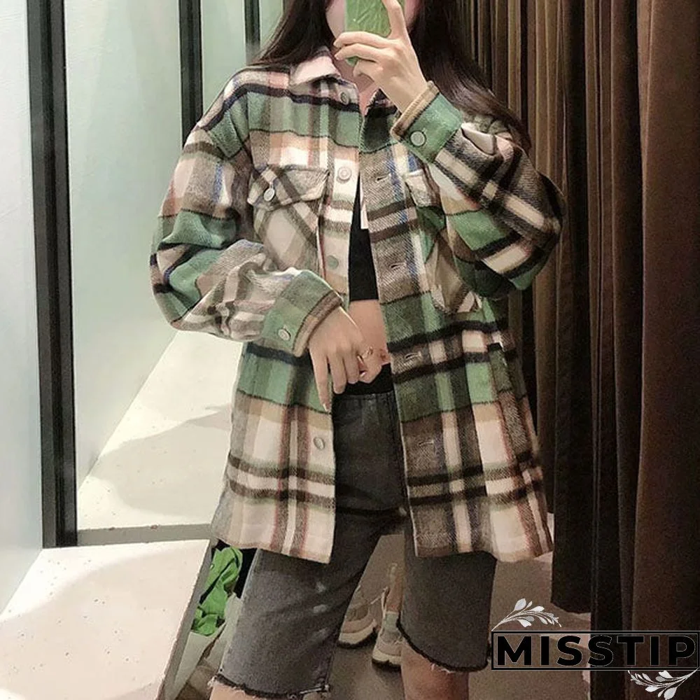 Classic Thick Colorblock Checked Button Down Shirt Jacket Woolen