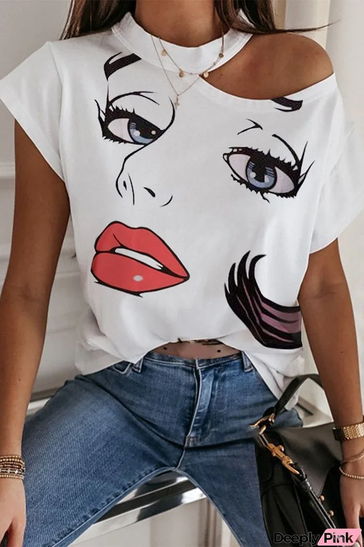 Casual Simplicity Lips Printed O Neck T-Shirts